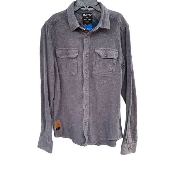 KAVU Klear Charcoal Gray Long Sleeve Shirt Flannel Sz M Plaid Cuffs - Picture 2 of 5
